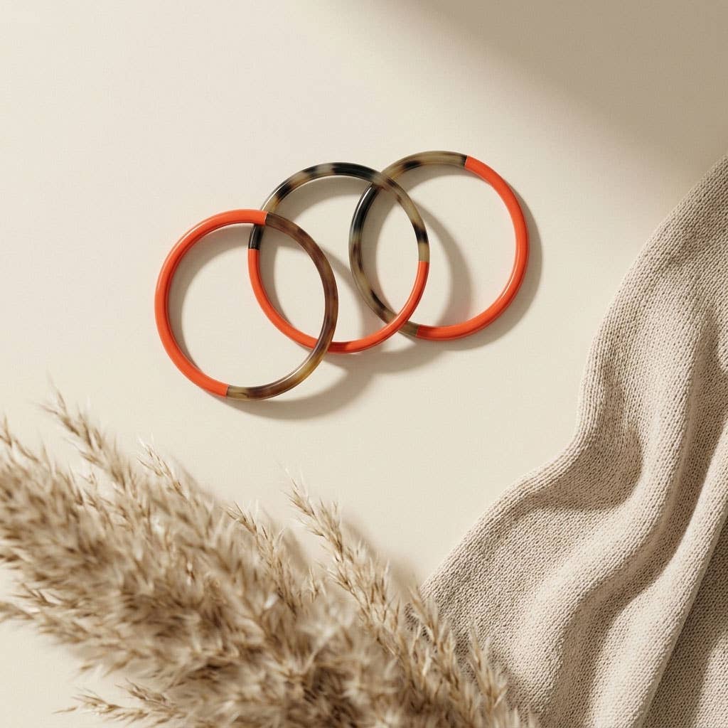 Zuri Set of three Slim orange and brown Natural Horn Bangles