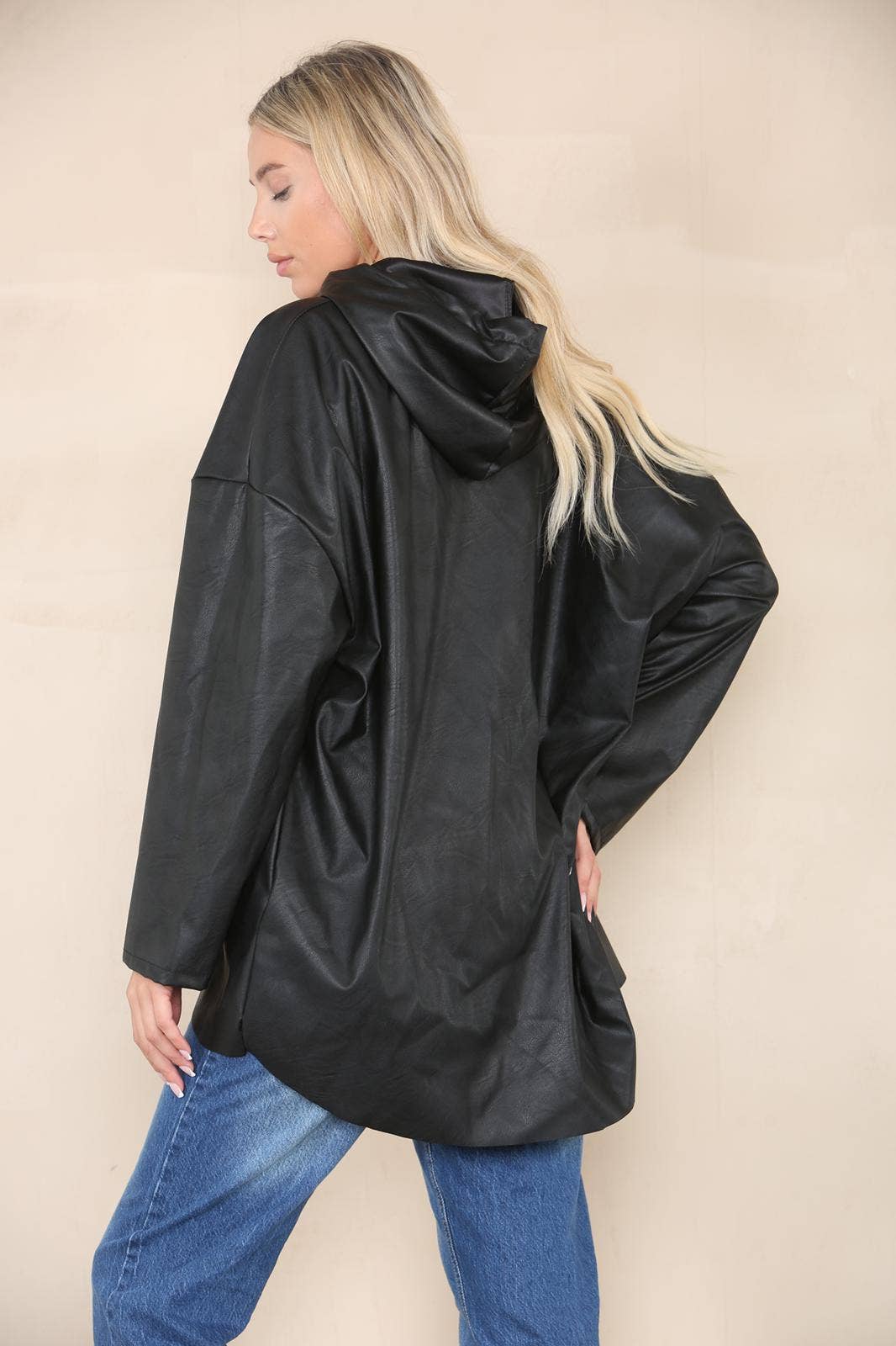 PU Leather Hooded Jacket: Black / One Size To Fit UK 8-20