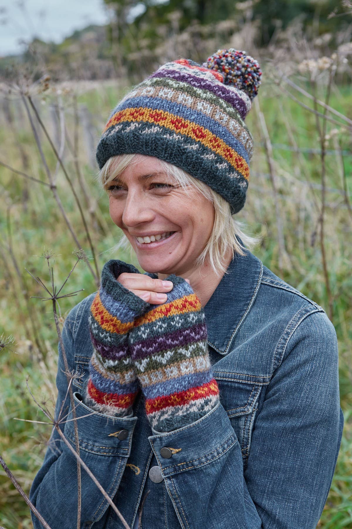Elveden - Knitted Wool Earthy Green Fair Isle Handwarmers: One Colour