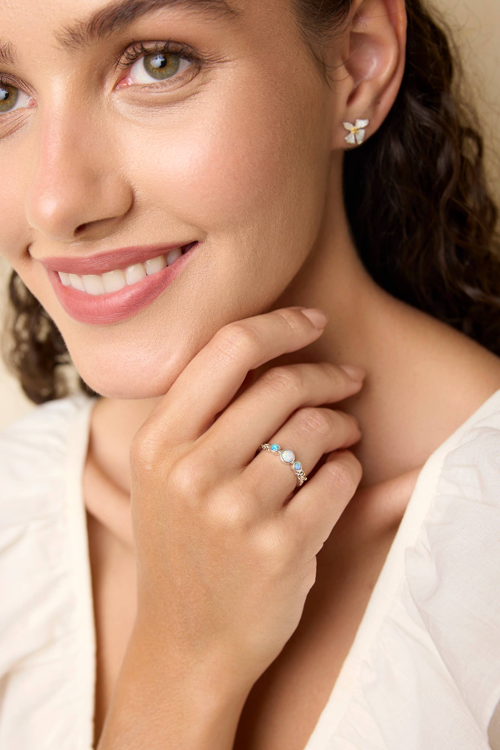 Handmade Sterling Silver Dainty Three Opalite Ring: S