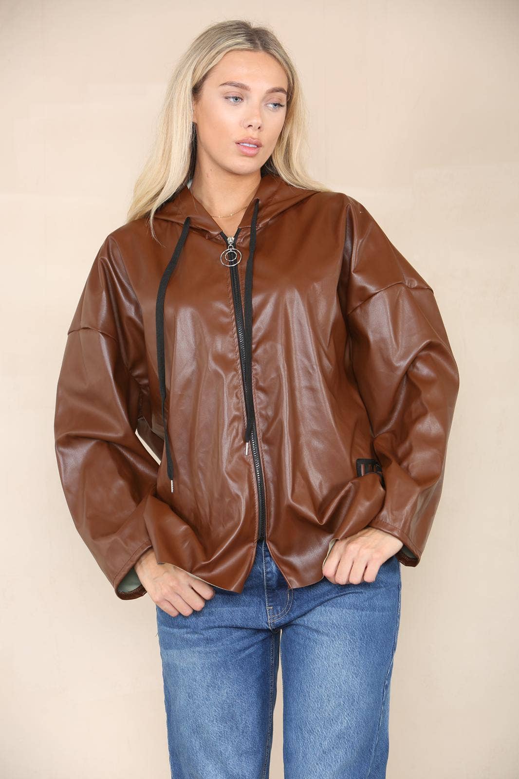 PU Leather Hooded Jacket: Black / One Size To Fit UK 8-20