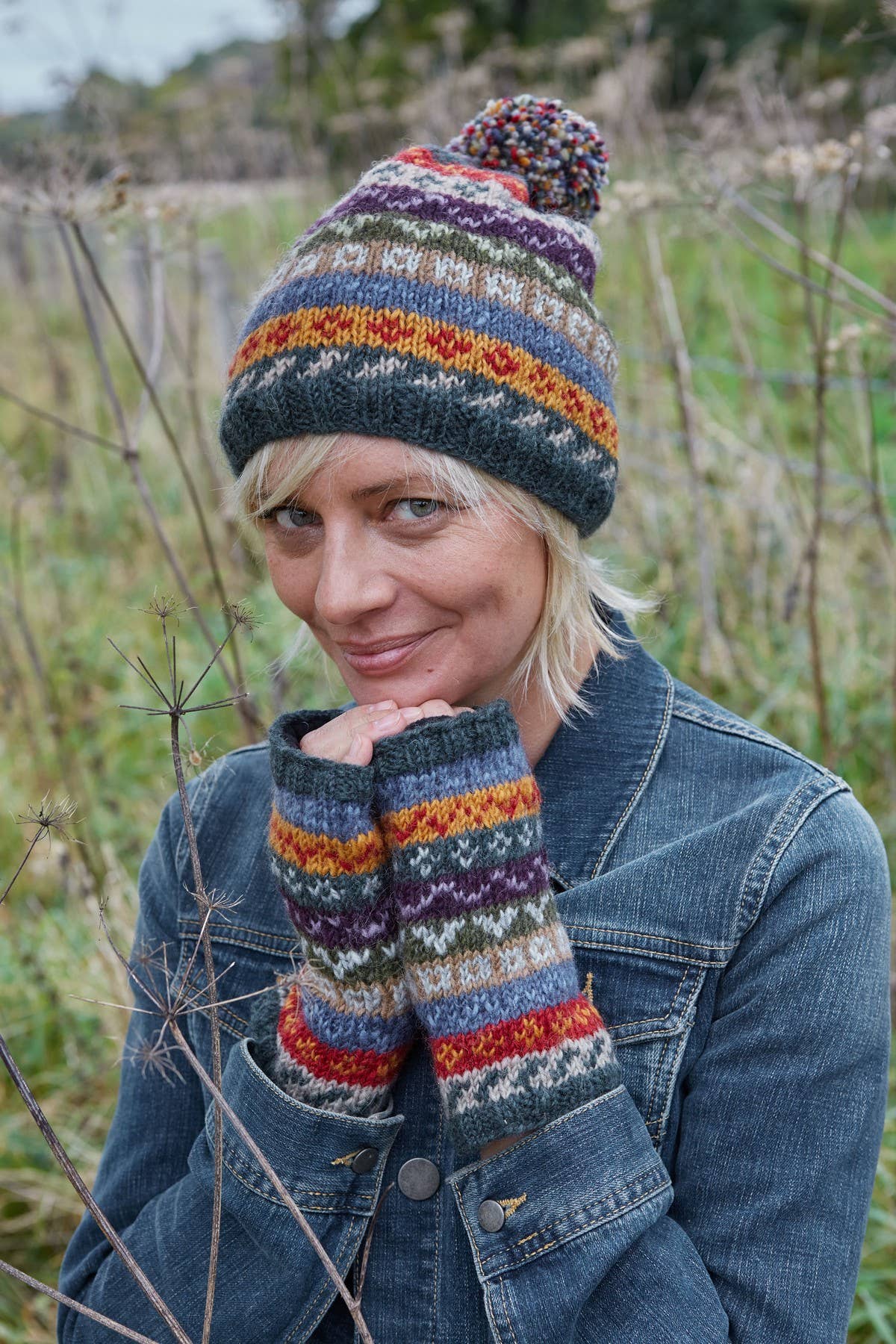 Elveden - Knitted Wool Earthy Green Fair Isle Handwarmers: One Colour