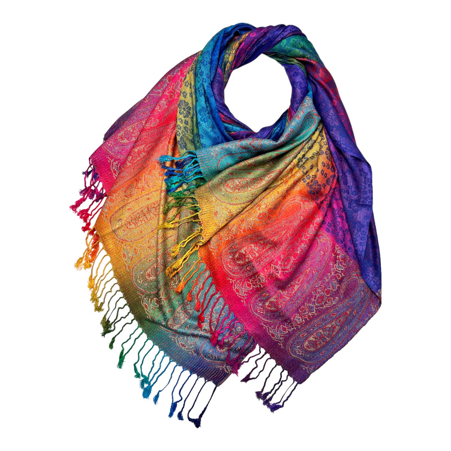 Rainbow Pashmina sakura flower print with tassels: Hot Pink