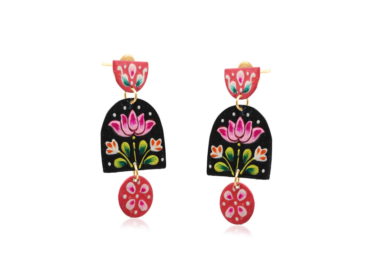 Padma Statement Hand Painted Artisan Earrings: Black Red