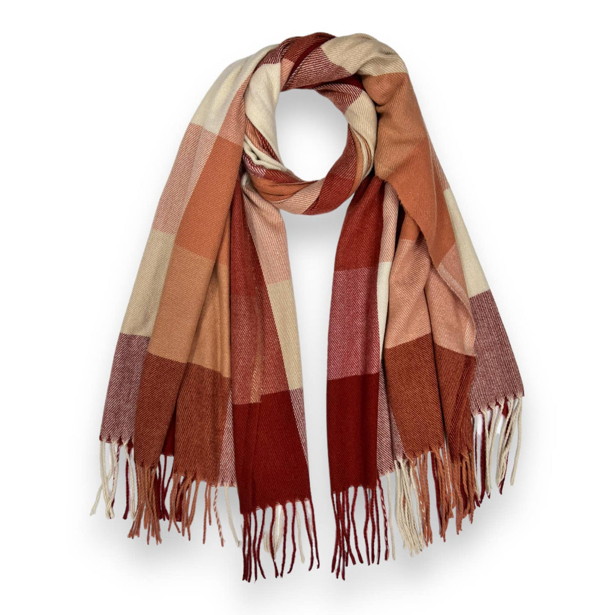 Multi coloured festive check scarf wilt tassels: Rust Orange