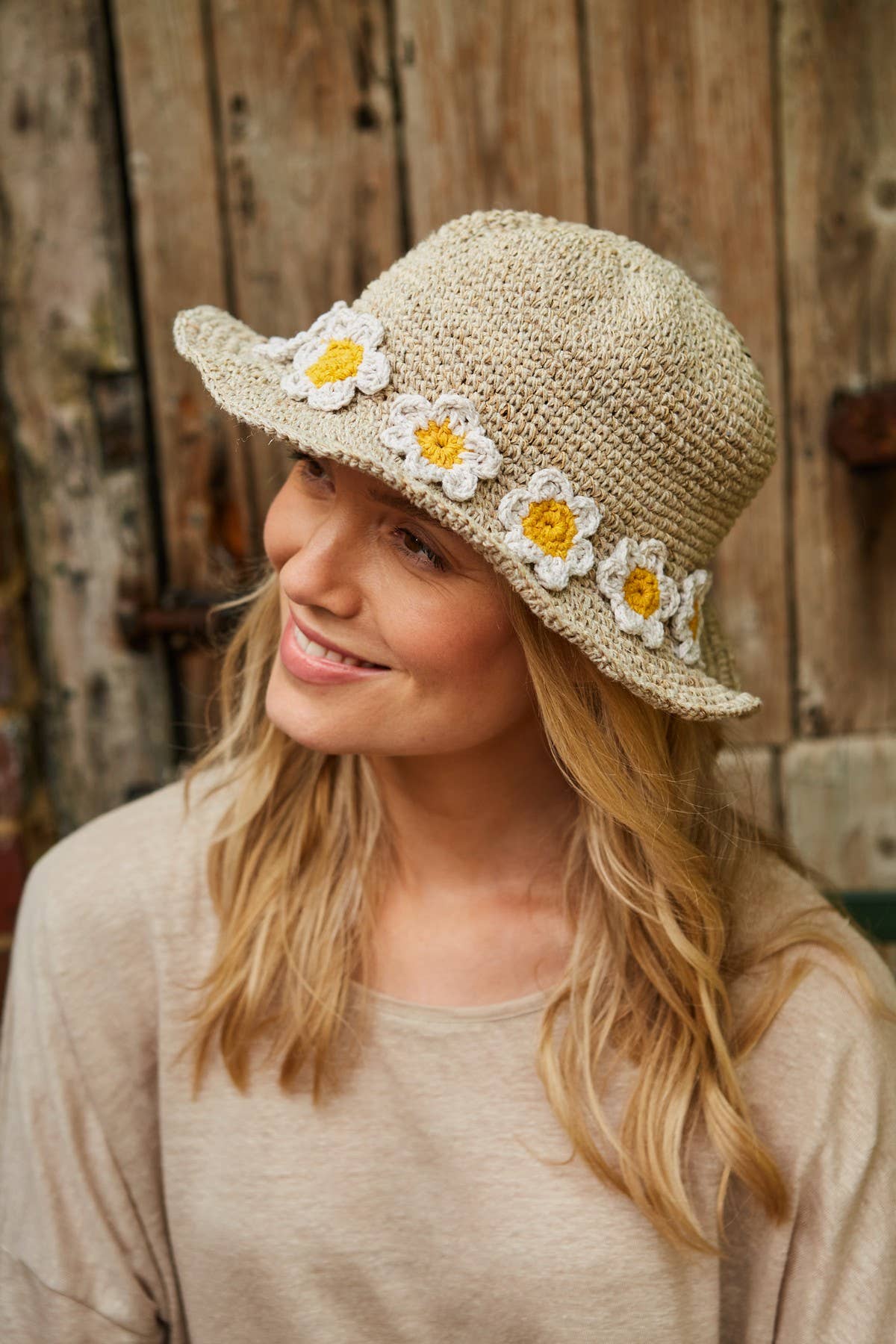 Crocheted Hemp Cotton Sun Hat Embroidered Daisy Chain Oat: One Colour