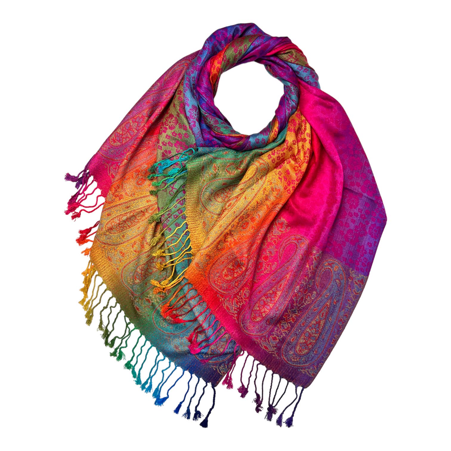 Rainbow Pashmina sakura flower print with tassels: Hot Pink