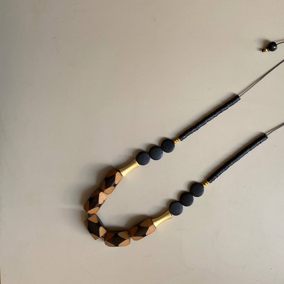 MRL02 - Adjustable cord necklace with Clay, acrylic, wood and gold plated detail