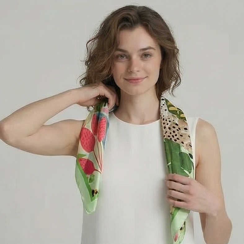Tropical Leopard Square Silk Feel Scarf (70x70cm) - Green