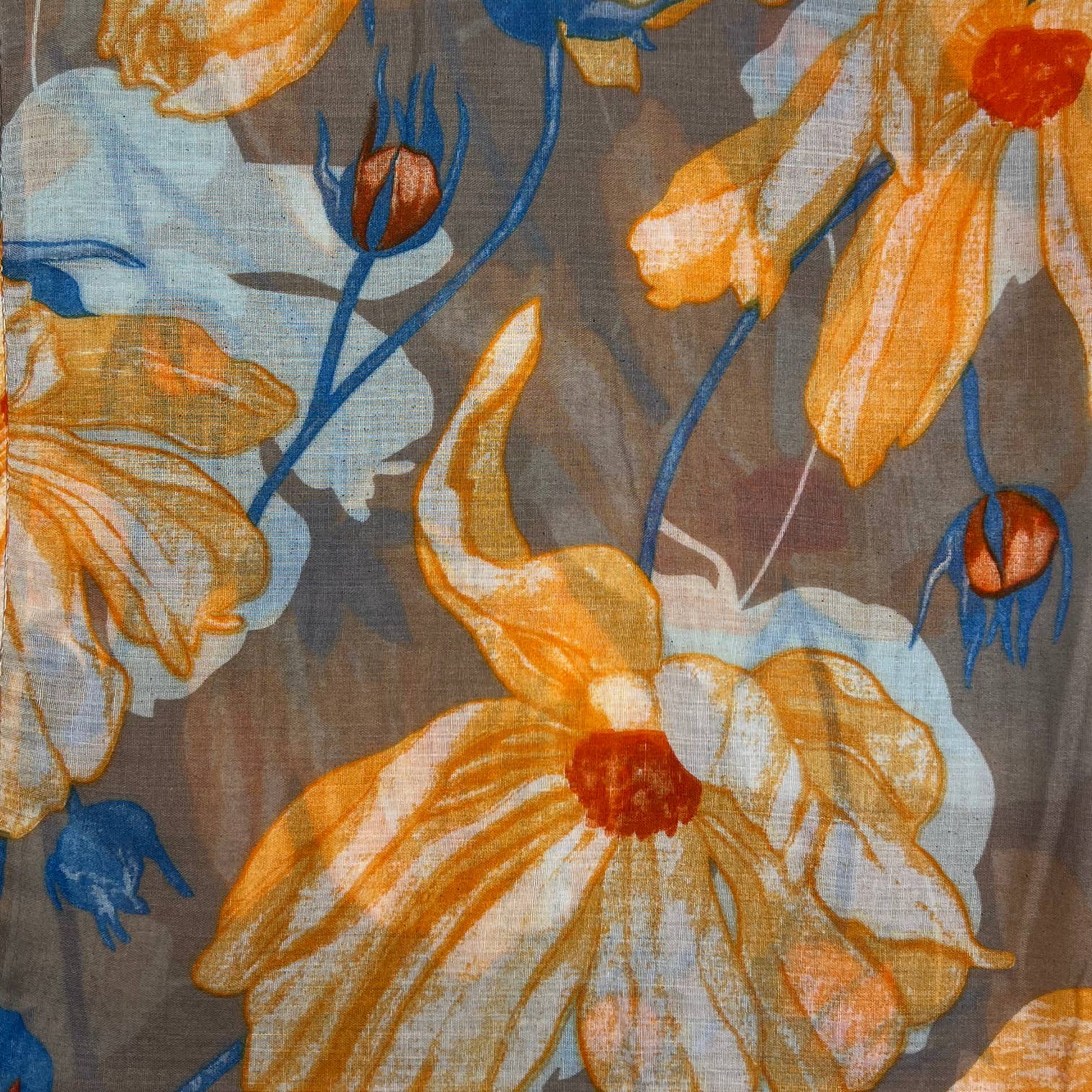 Leichter Schal mit Gänseblümchen-Print: Graugelb