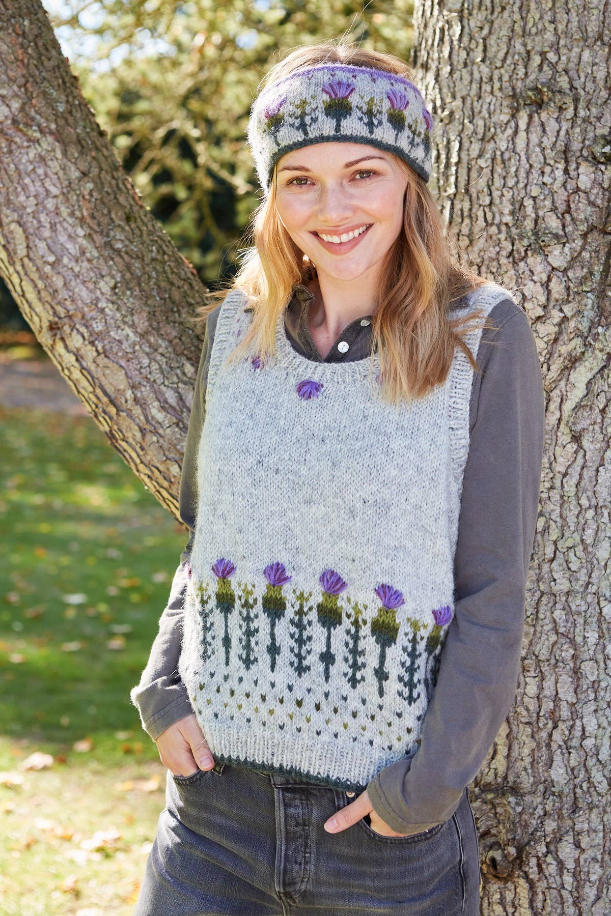 Scottish Thistle Knit Ear Warmers Grey Wool Floral: One Colour