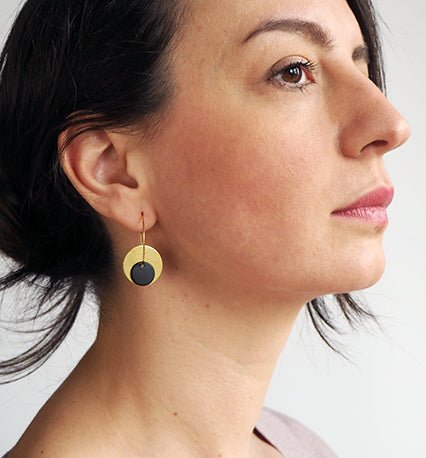 Gold-toned 3 in 1 hoop earrings with black center disc