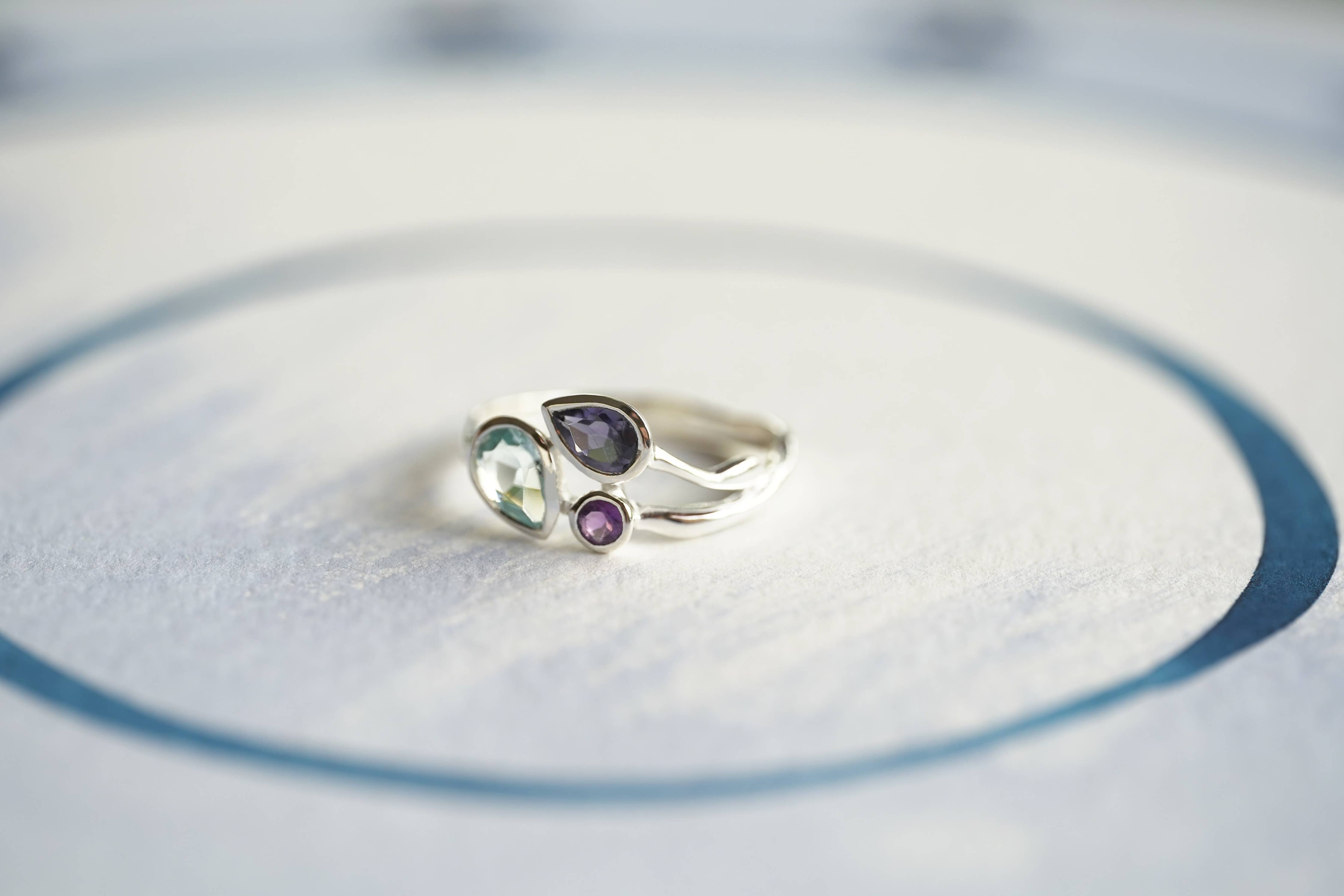 Blue Topaz Iolite and Amethyst Ring