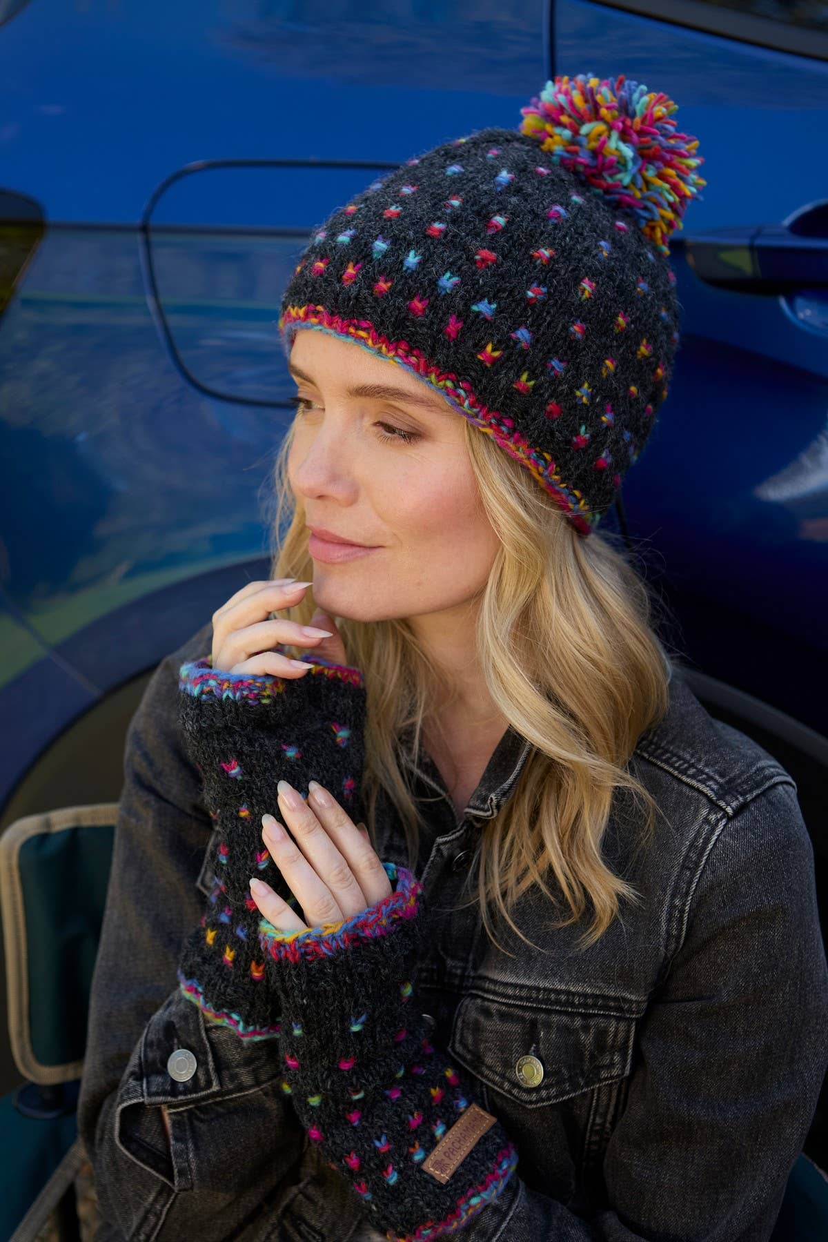 Mosaic Space Dyed Wool Knit Fingerless Gloves Black: One Colour