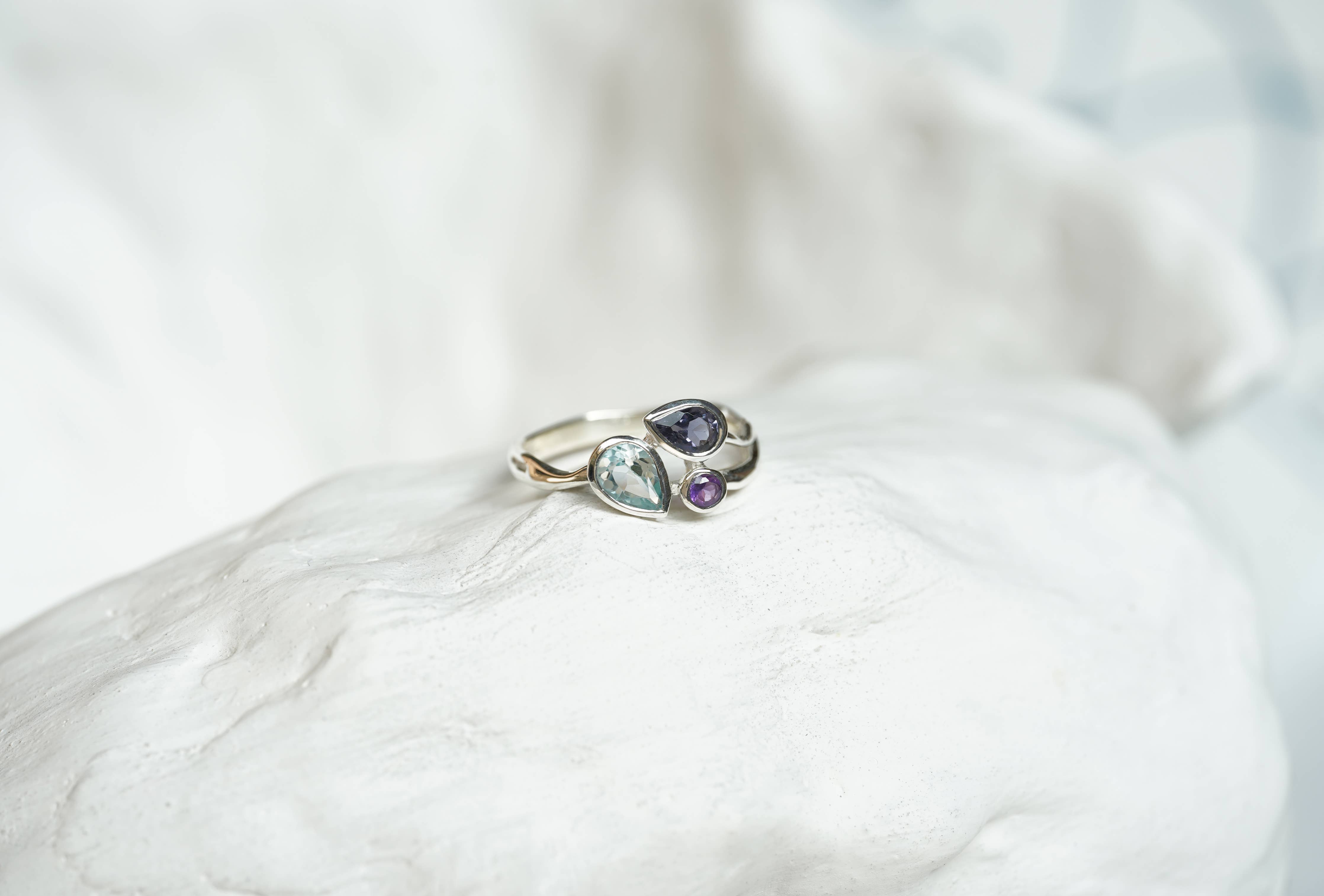 Blue Topaz Iolite and Amethyst Ring