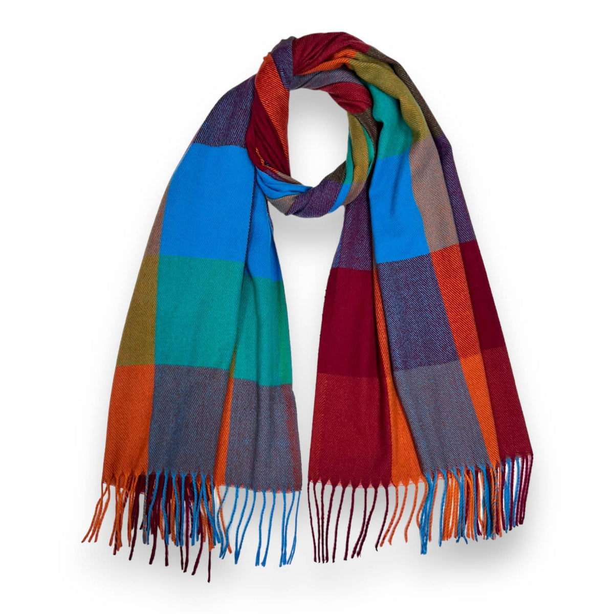 Multi coloured festive check scarf wilt tassels: Rust Orange