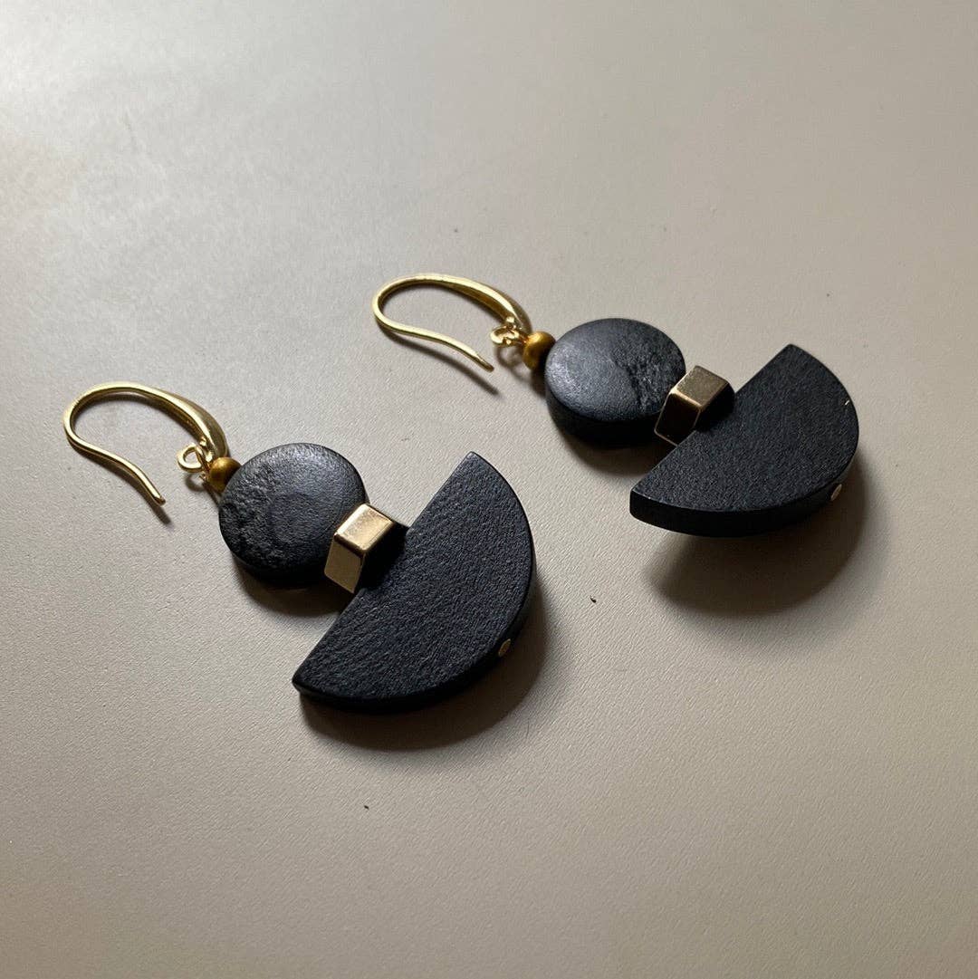 MRLE05 - Lightweight statement earrings, painted wood and gold plated hematite