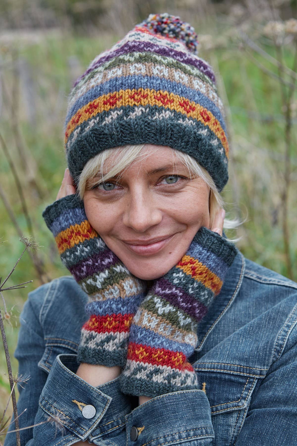 Elveden - Knitted Wool Earthy Green Fair Isle Handwarmers: One Colour