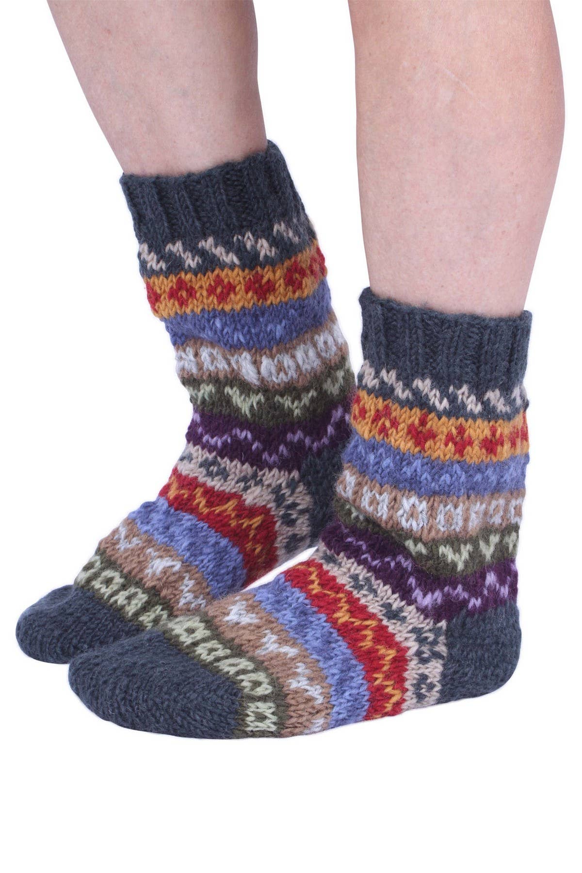 Elveden - Knitted Wool Earthy Green Fair Isle Sofa Socks: One Colour