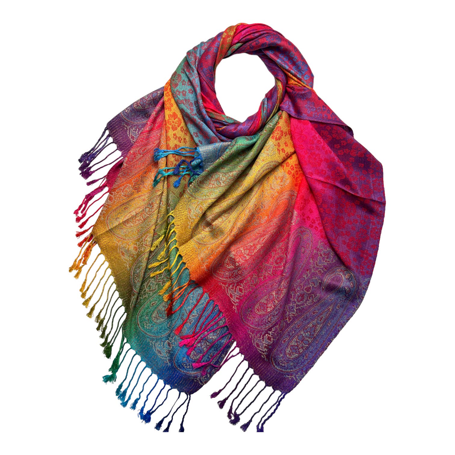 Rainbow Pashmina sakura flower print with tassels: Hot Pink