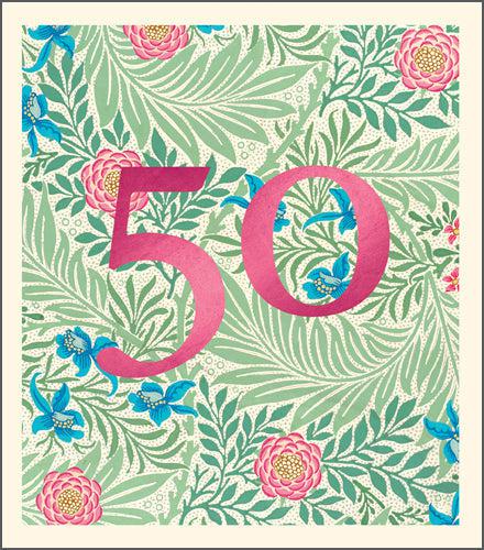 Pink metallic 50 on green blue floral 50th birthday card