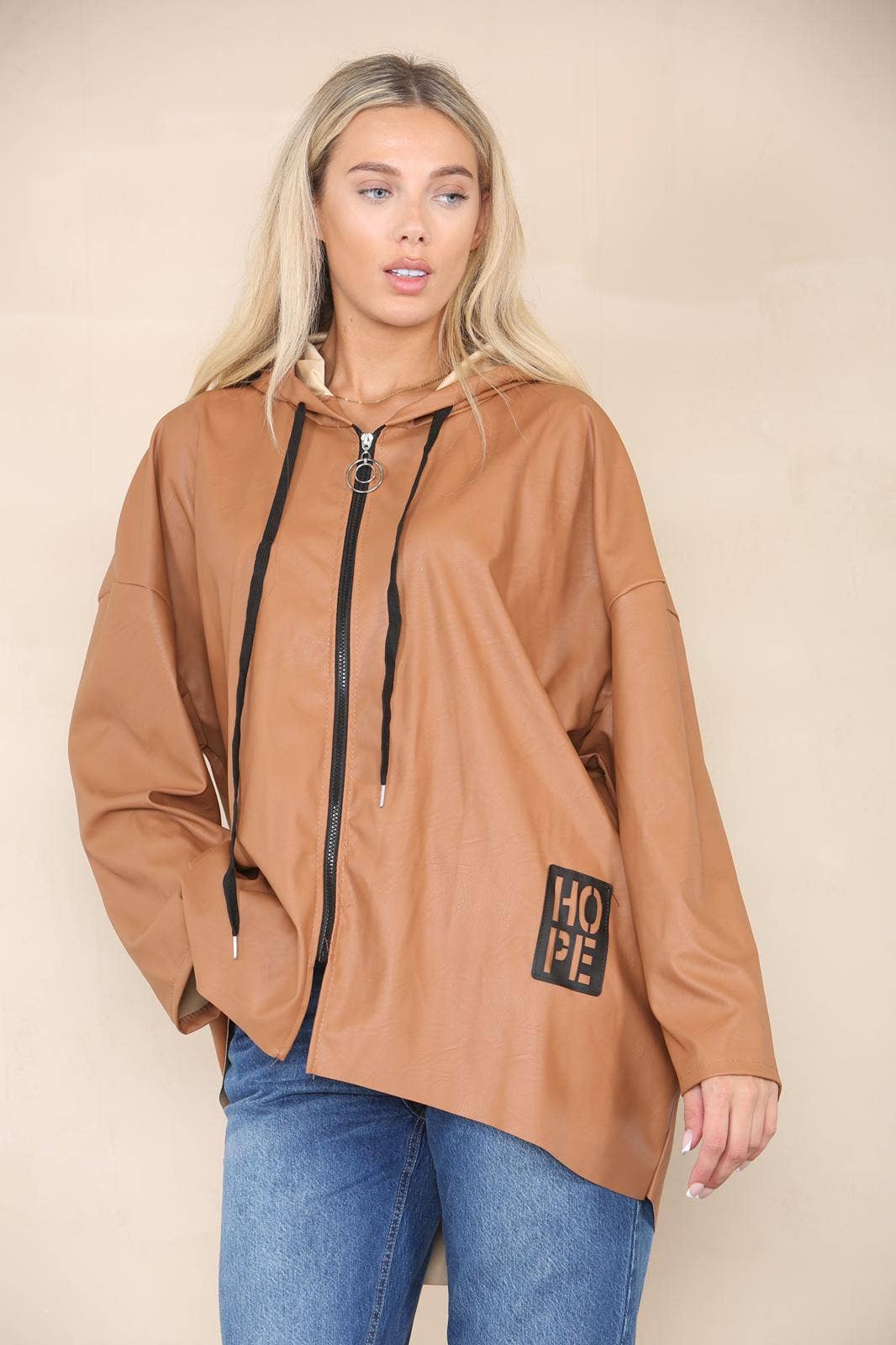 PU Leather Hooded Jacket: Cream / One Size To Fit UK 8-20