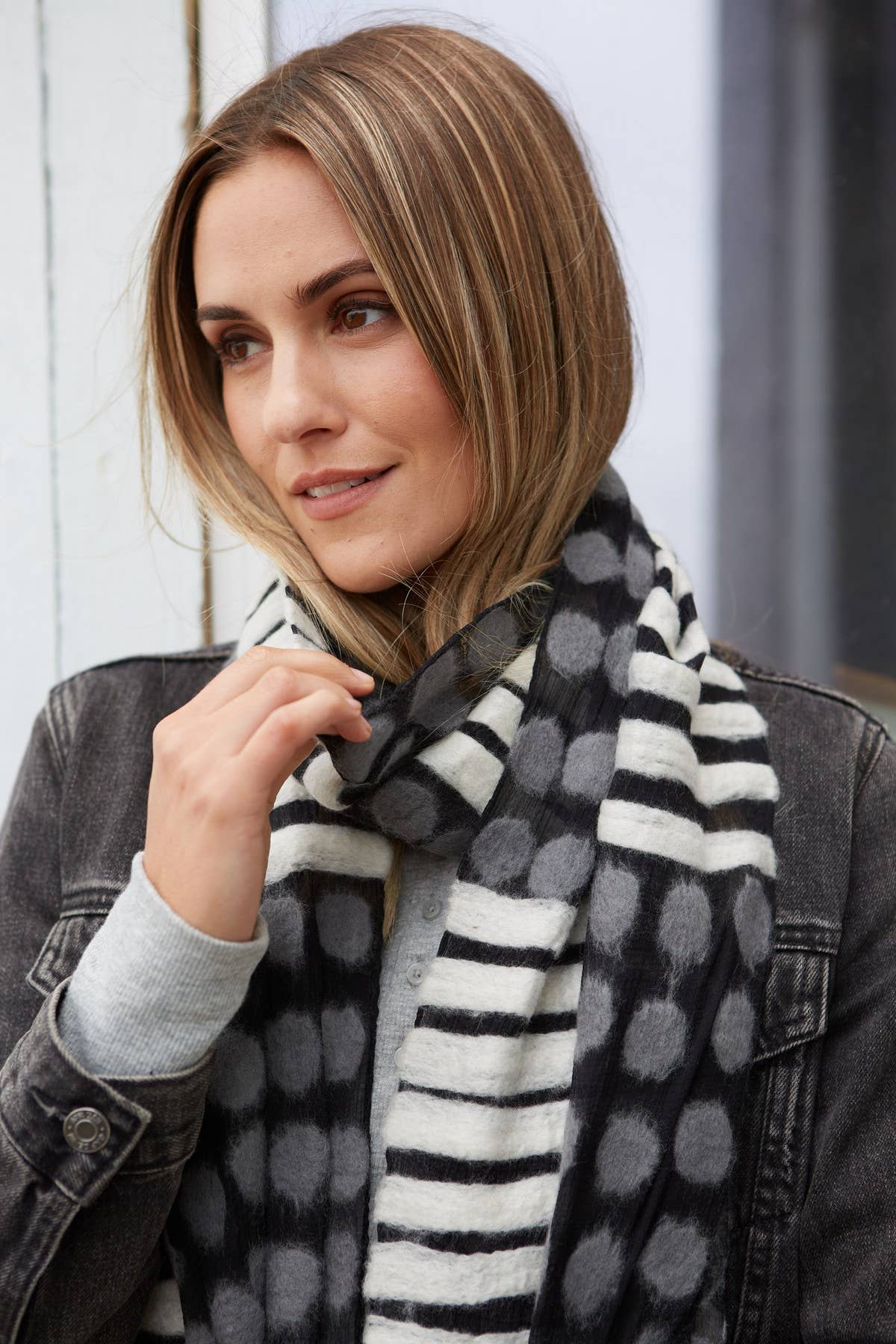 Spots and Stripes Felted Wool Scarf Neutral Black and White: Neutral