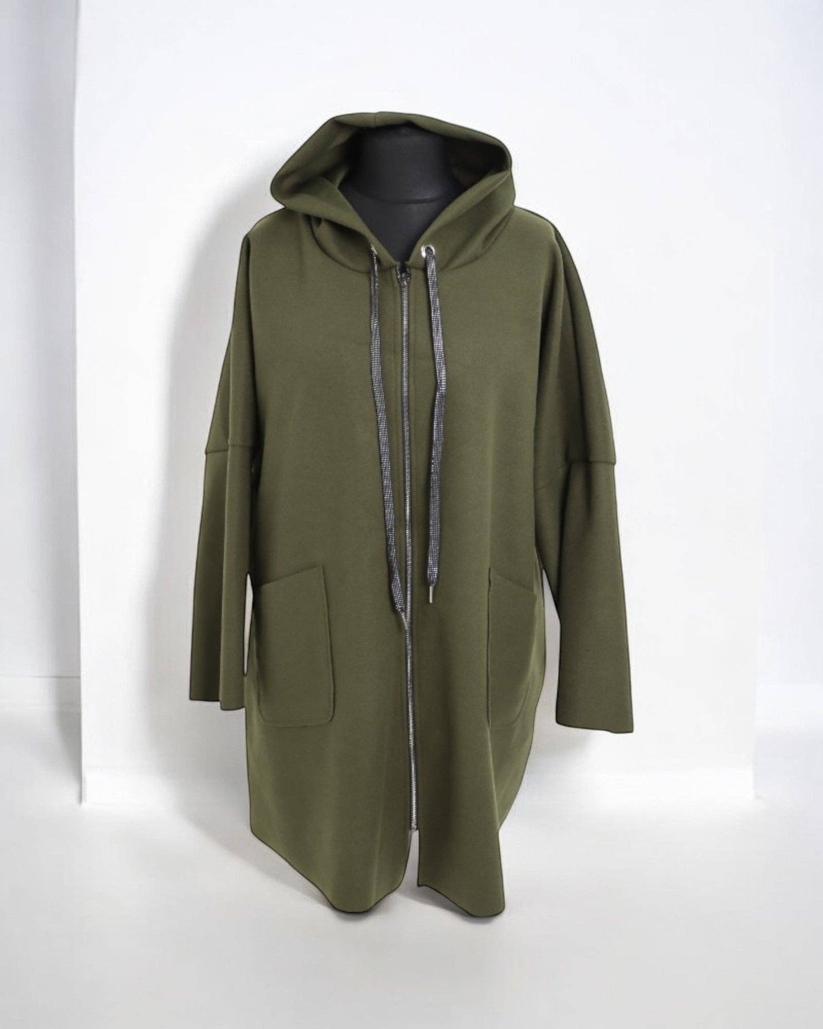 Italian Oversized Longsleeve Zip Up Drawstring Hooded Jacket: Beige / One Size To Fit UK 8-22