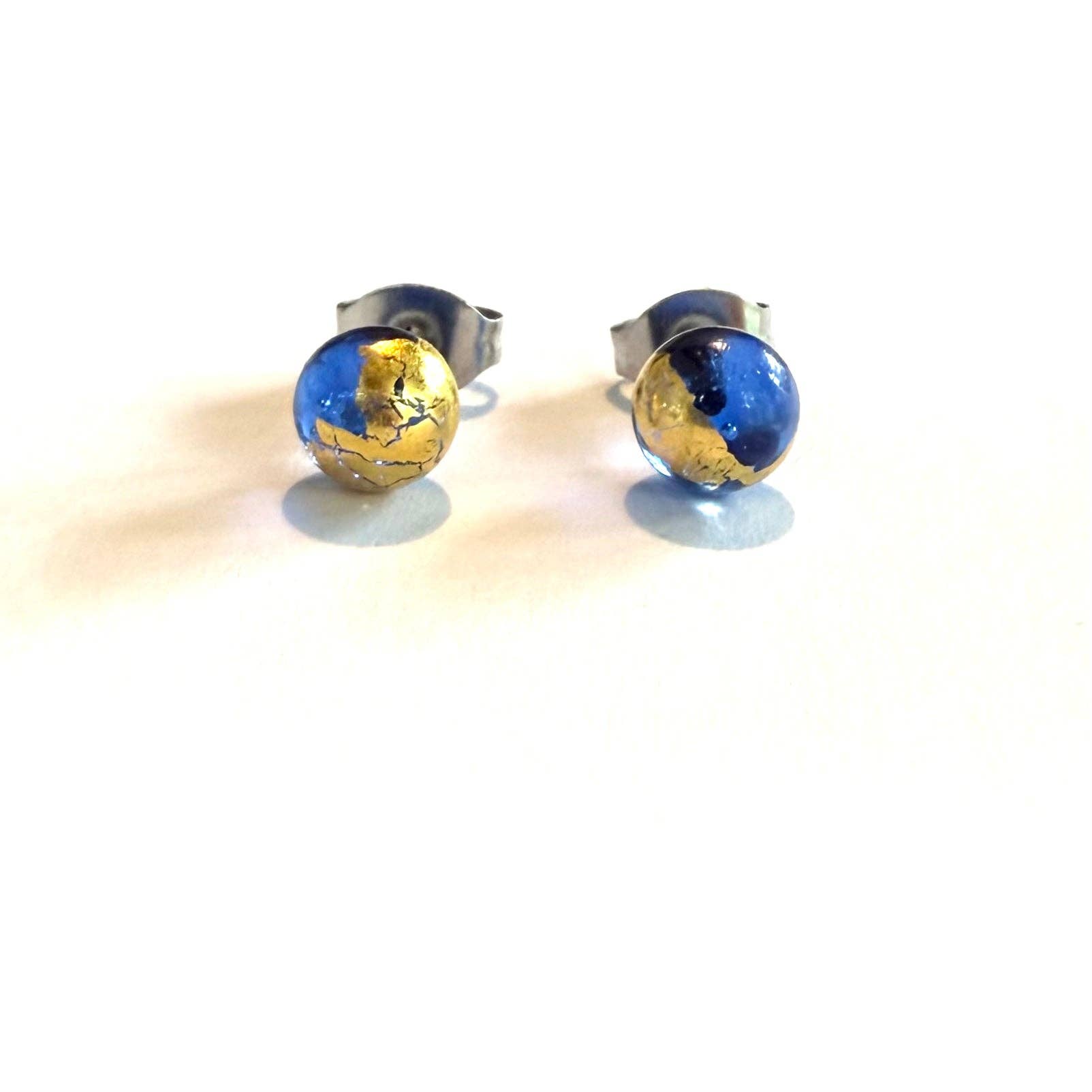 Blue and Gold Whisky Bottle Stud Earrings, Recycled Glass and Surgical Steel