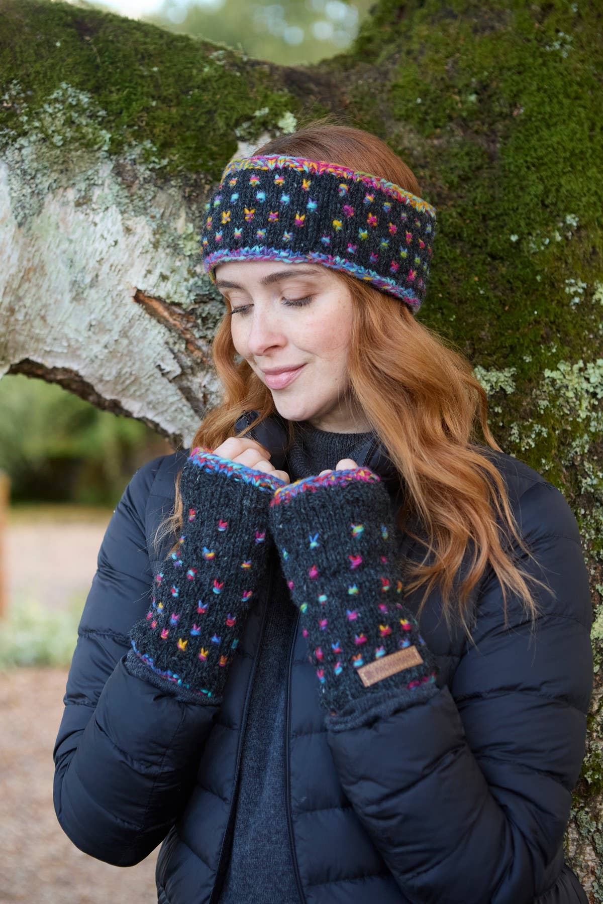 Mosaic Space Dyed Wool Knit Ear Warmers Black: One Colour