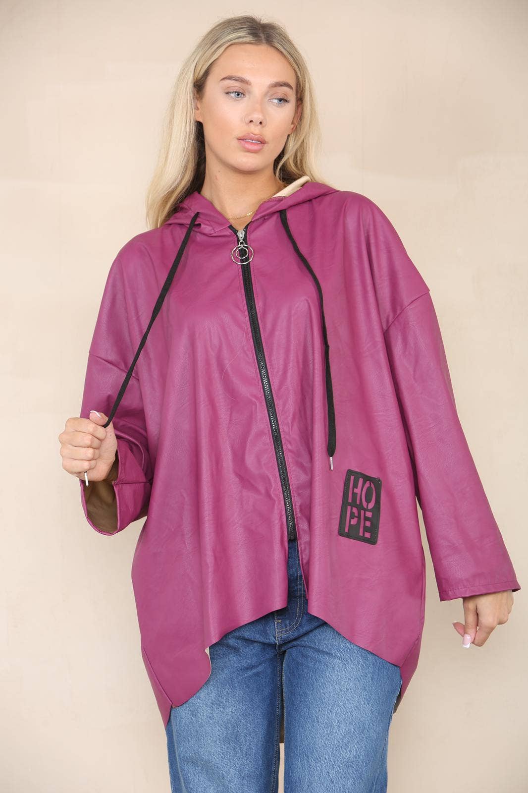 PU Leather Hooded Jacket: Black / One Size To Fit UK 8-20