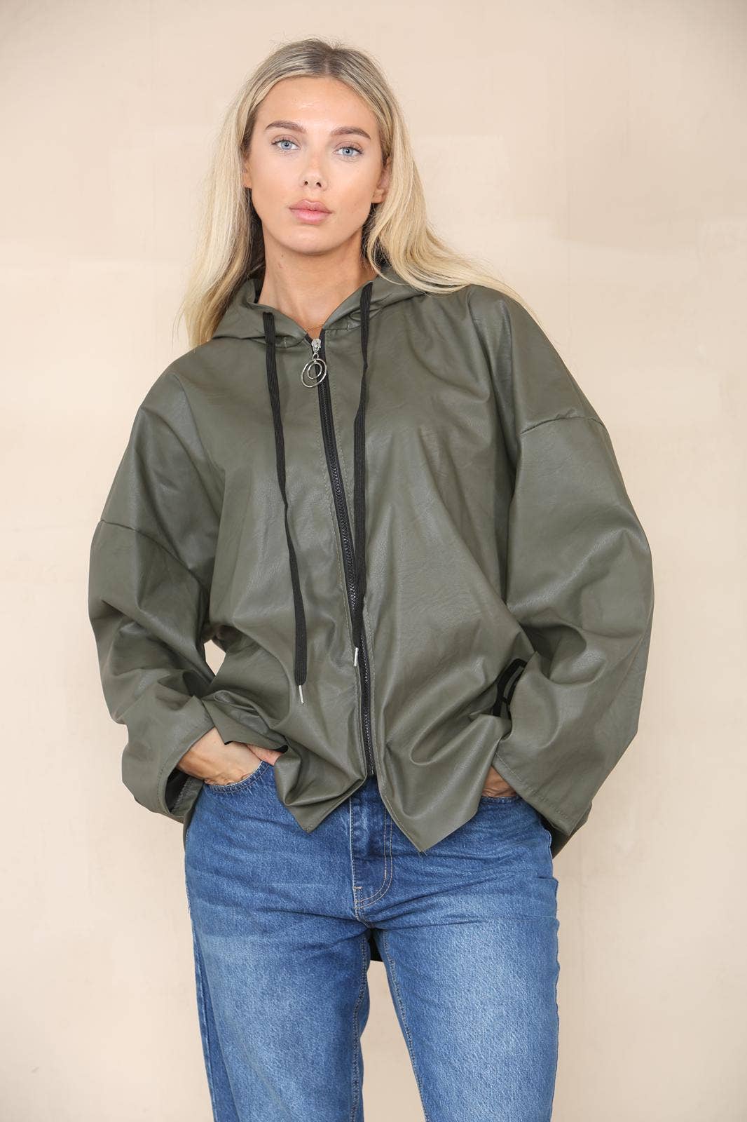 PU Leather Hooded Jacket: Black / One Size To Fit UK 8-20