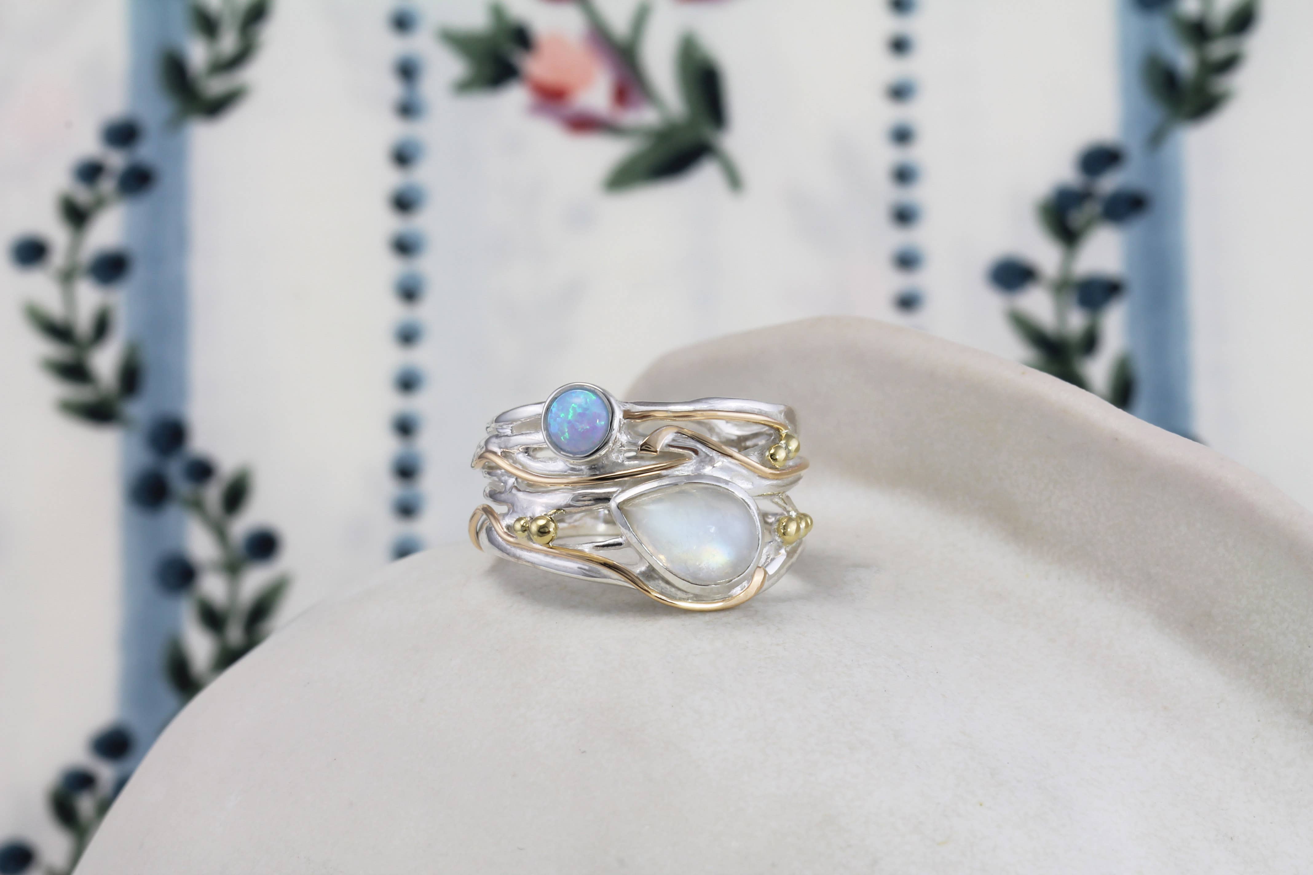 Handmade Sterling SilverMoonstone and Opalite Statement Ring: P