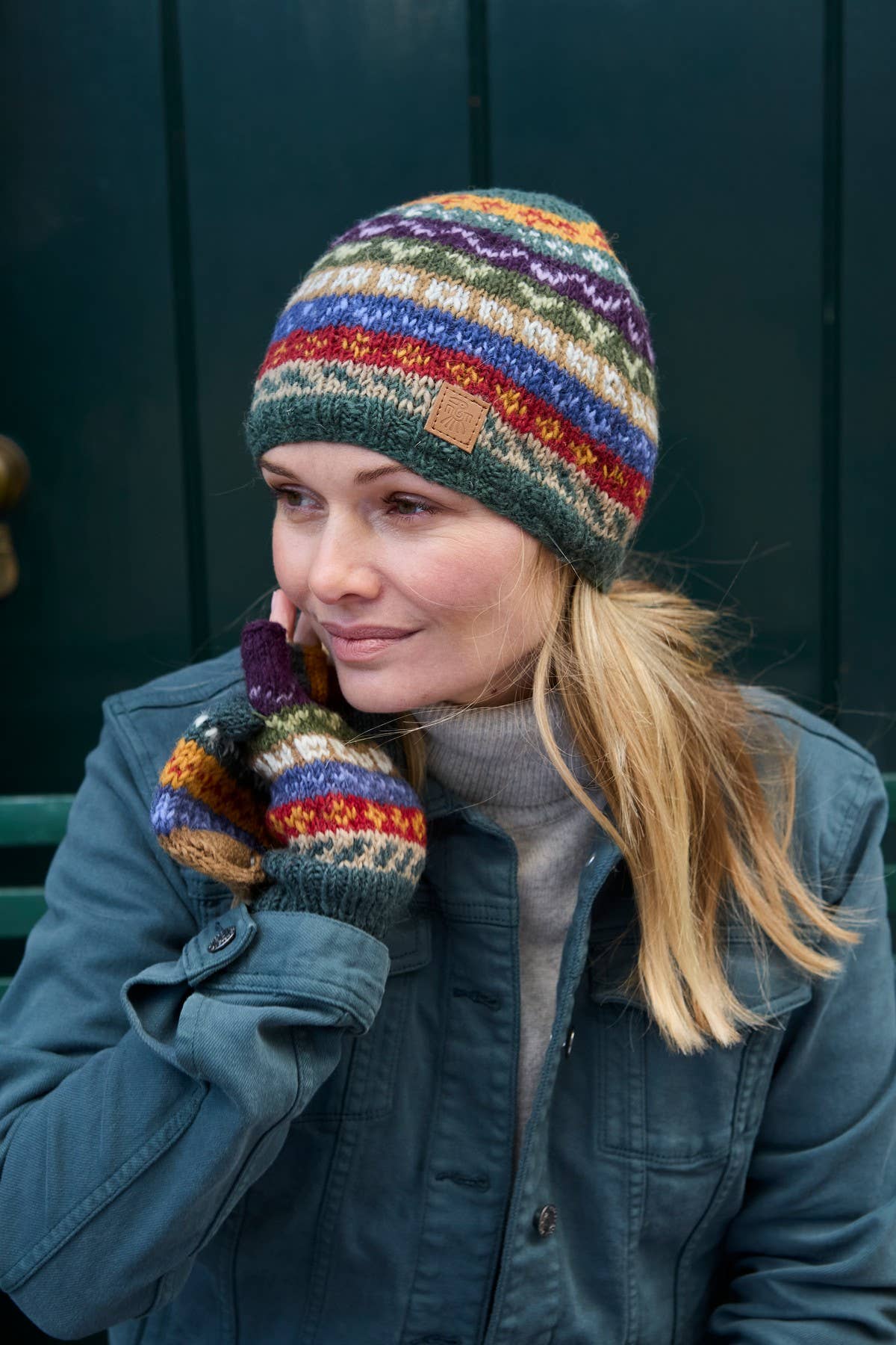 Elveden - Knitted Wool Earthy Green Fair Isle Beanie Hat: One Colour