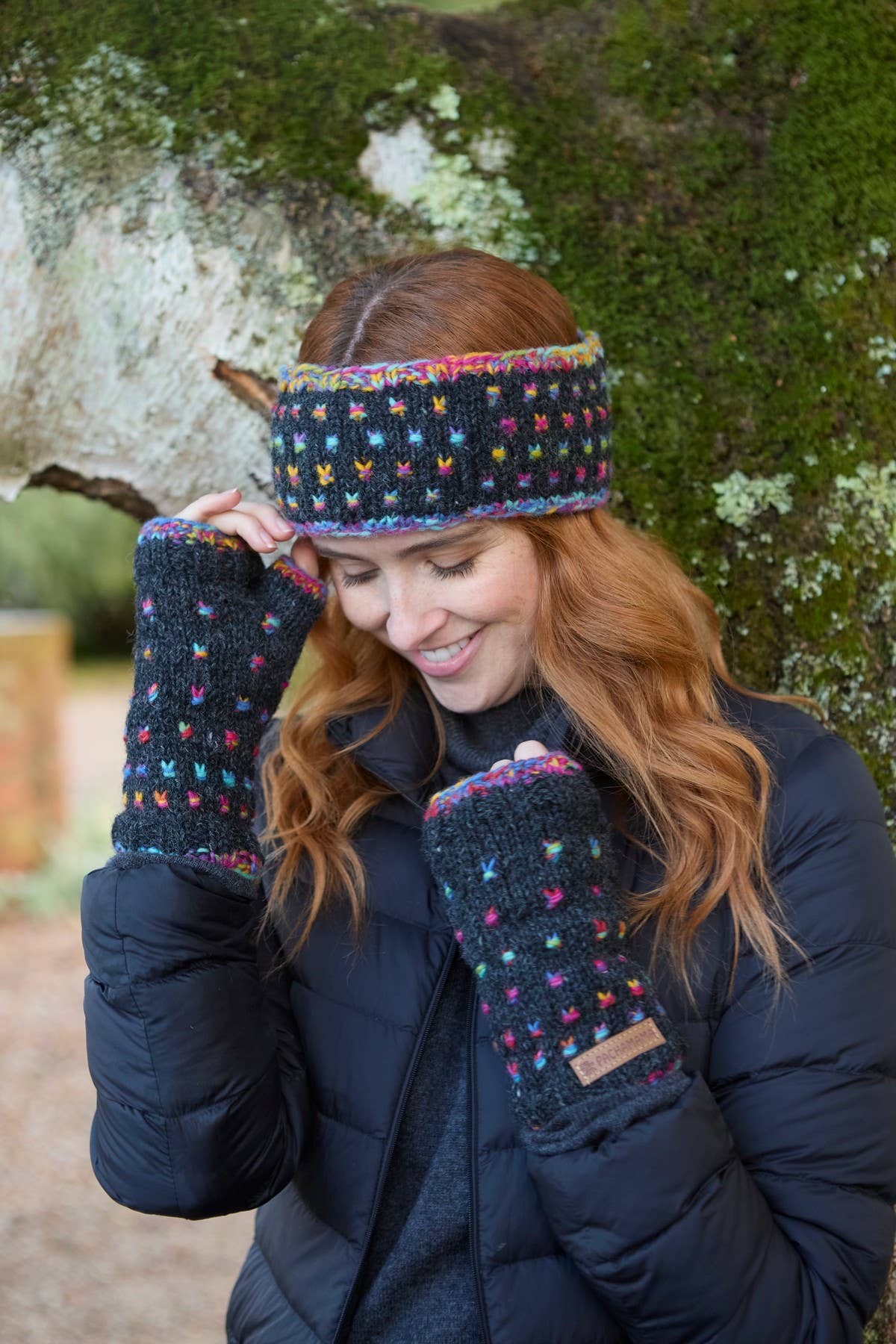 Mosaic Space Dyed Wool Knit Ear Warmers Black: One Colour