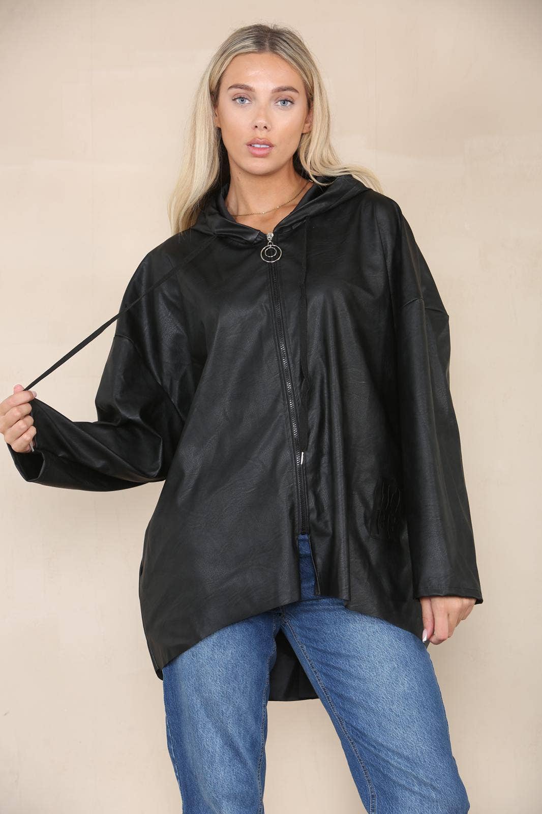 PU Leather Hooded Jacket: Black / One Size To Fit UK 8-20