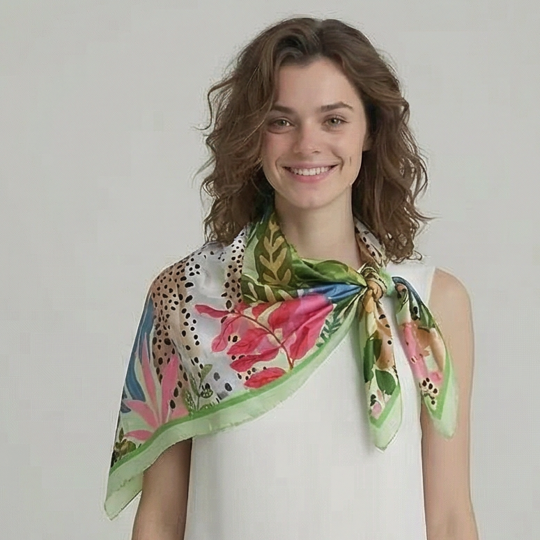 Tropical Leopard Square Silk Feel Scarf (70x70cm) - Green