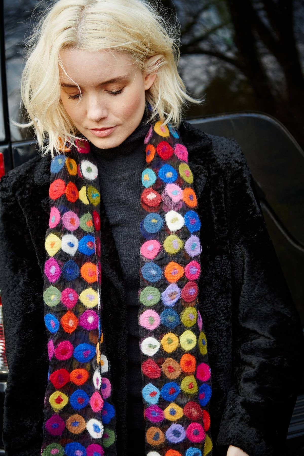 Woodstock Felt Wool Scarf with Colourful Bright Spots: Bright