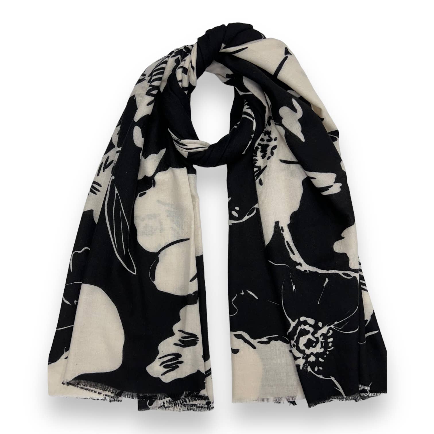 Flower sketch print on medium weight scarf: Cream - Black
