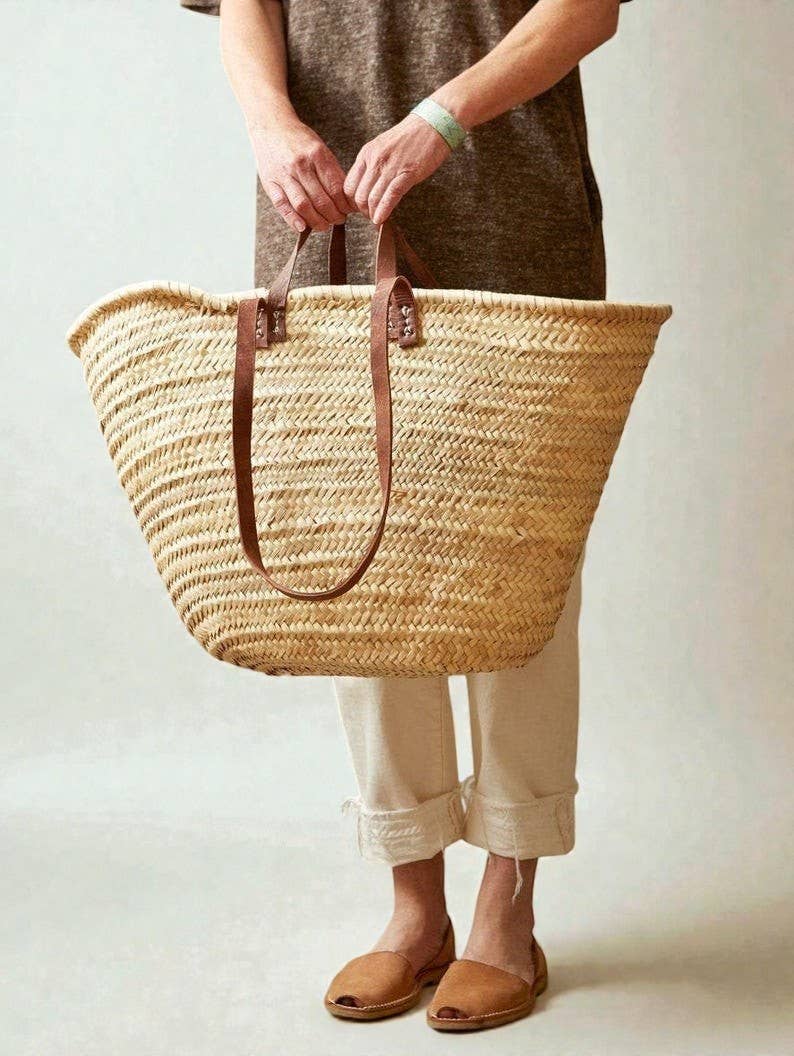 Handmade Straw Bag with Leather Handles, French Market Bag: Brown
