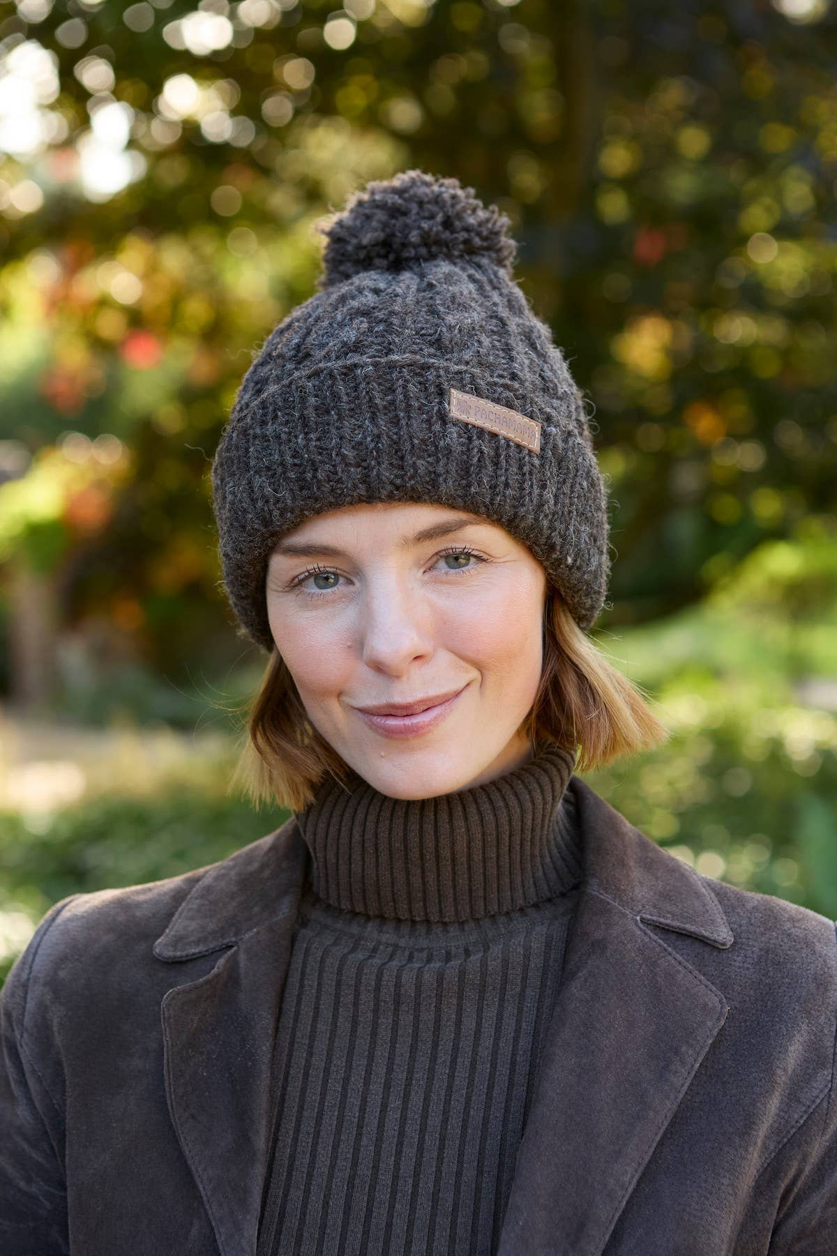 Chamonix - Cable Knit Sherpa Lined Wool Winter Bobble Hat Bark: Bark