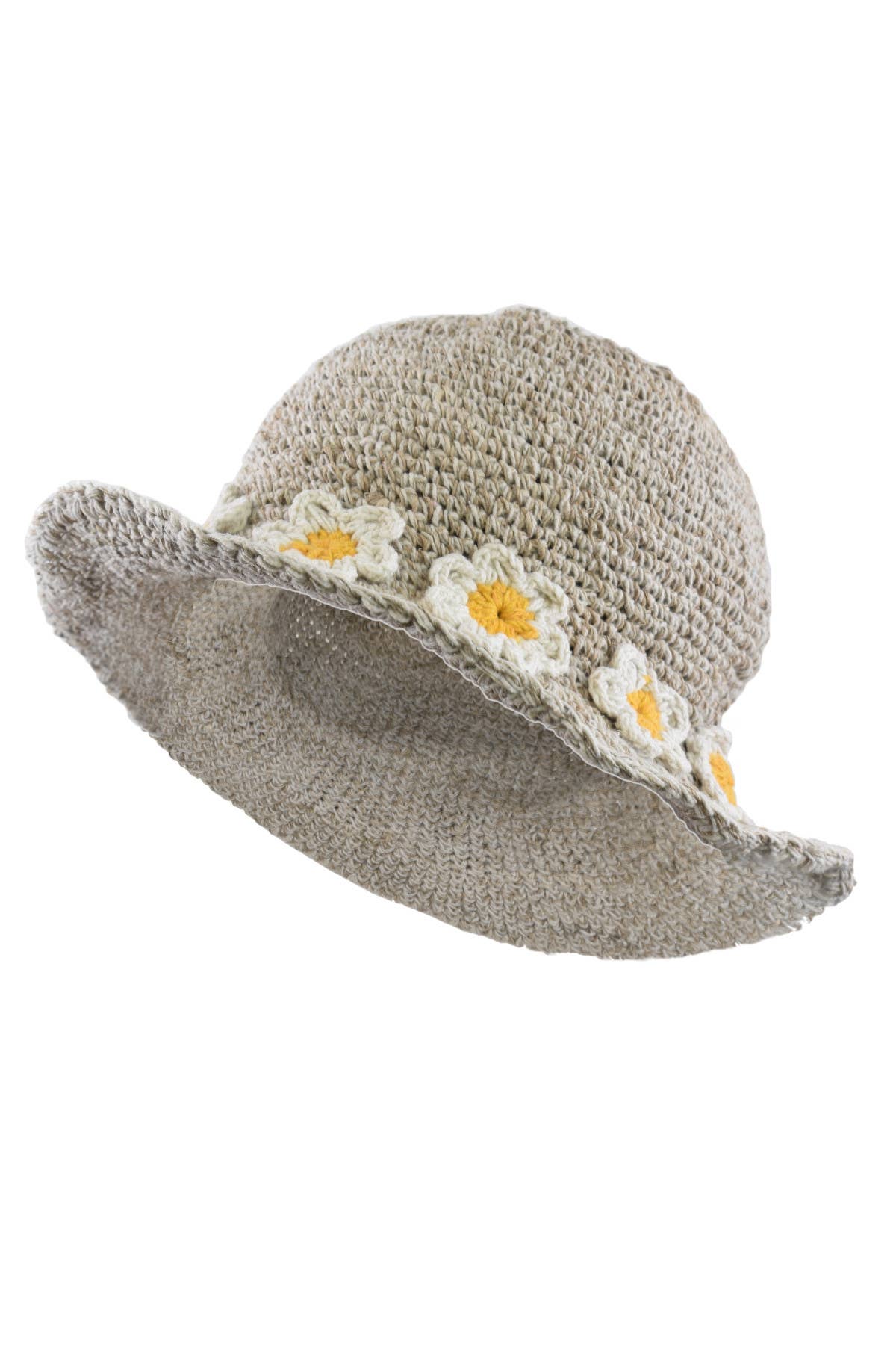 Crocheted Hemp Cotton Sun Hat Embroidered Daisy Chain Oat: One Colour