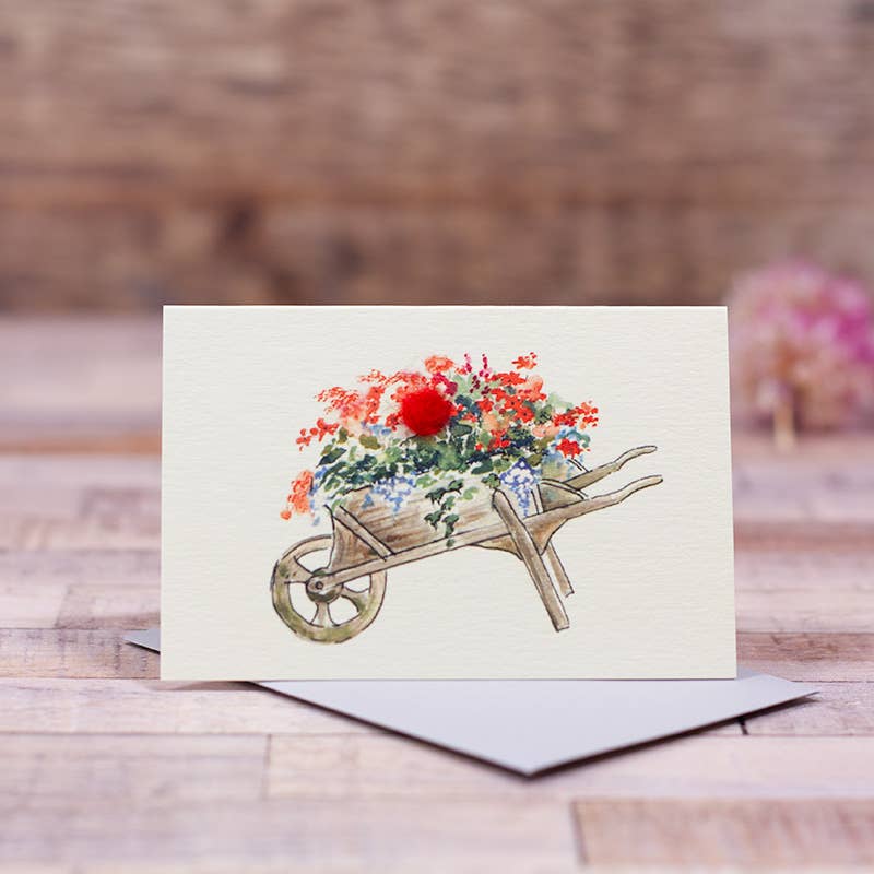 Mini Wheelbarrow card with Wool |3D Greeting Card| Floral