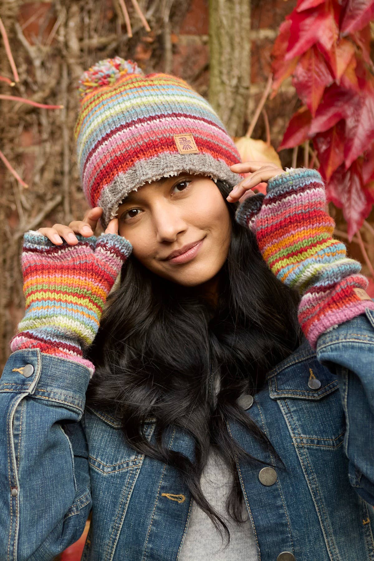 Seville Knit Fingerless Gloves Sunset Striped Sherpa Fleece: Handwarmer