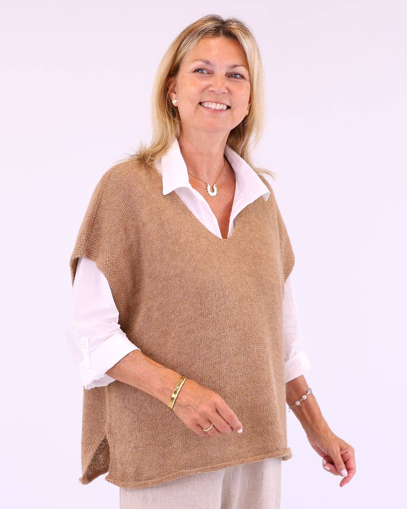 Alpaca Blend V Neck Tunic: Truffle
