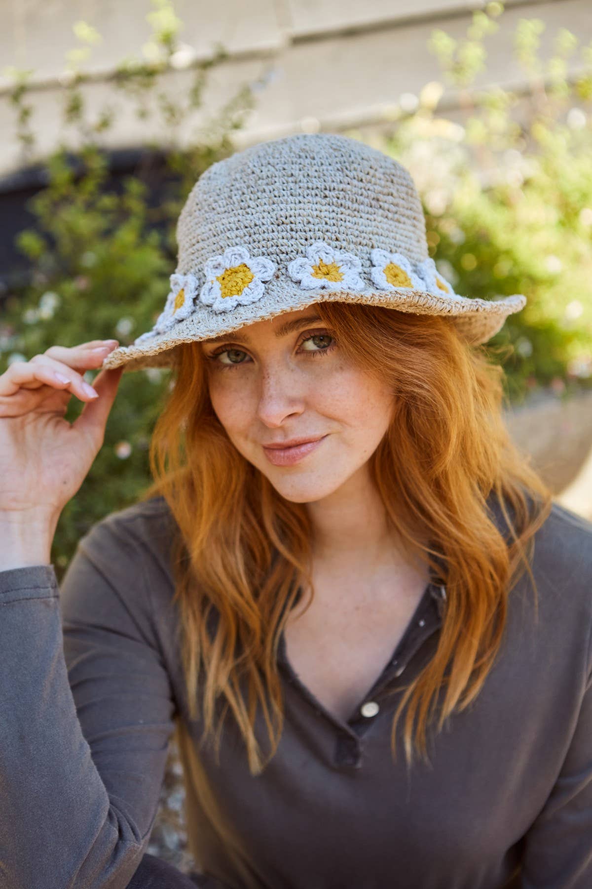 Crocheted Hemp Cotton Sun Hat Embroidered Daisy Chain Oat: One Colour