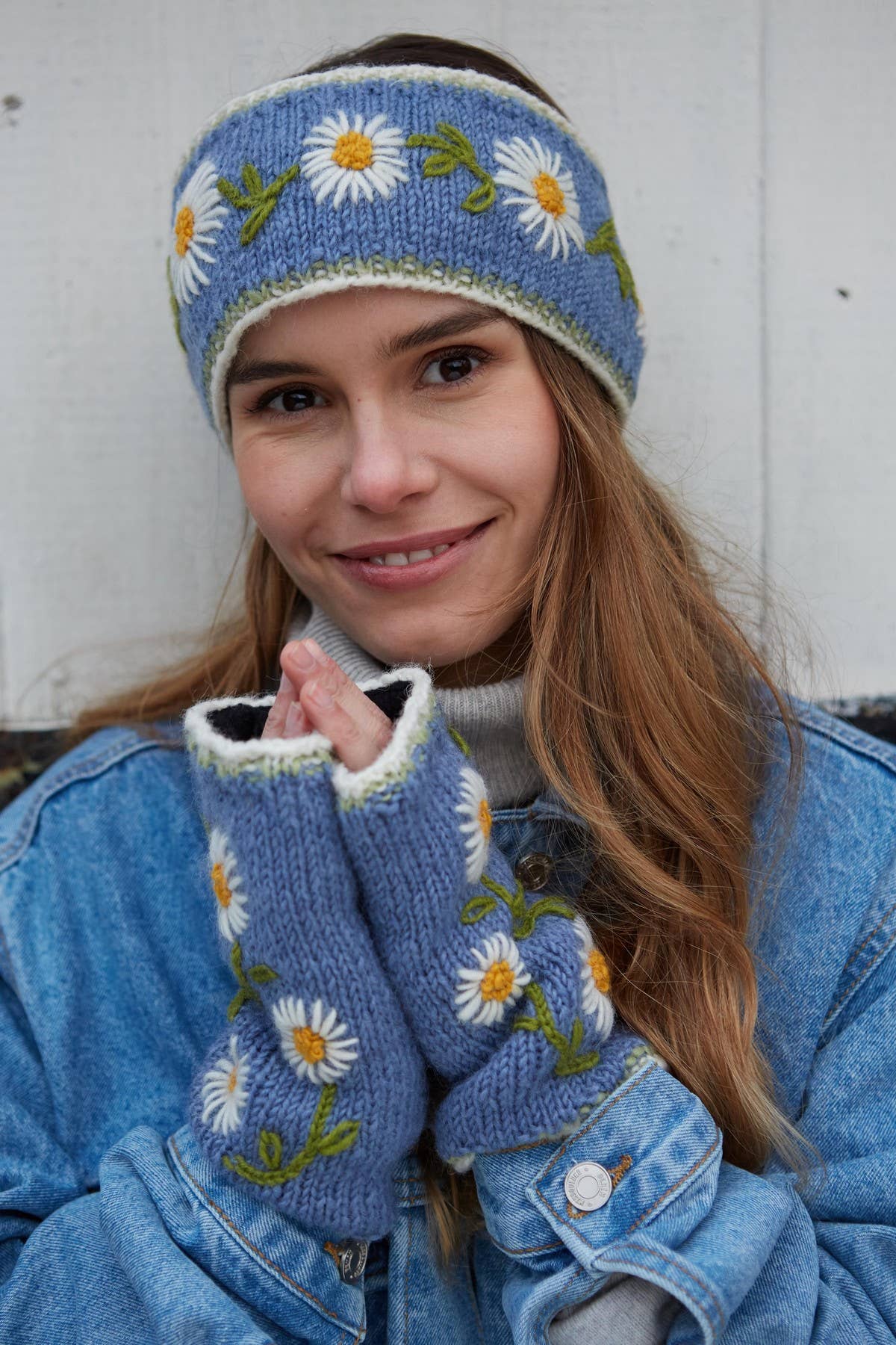 Daisy Chain Blue Fleece Lined Knit Wool Ear Warmer Headband: Jacaranda