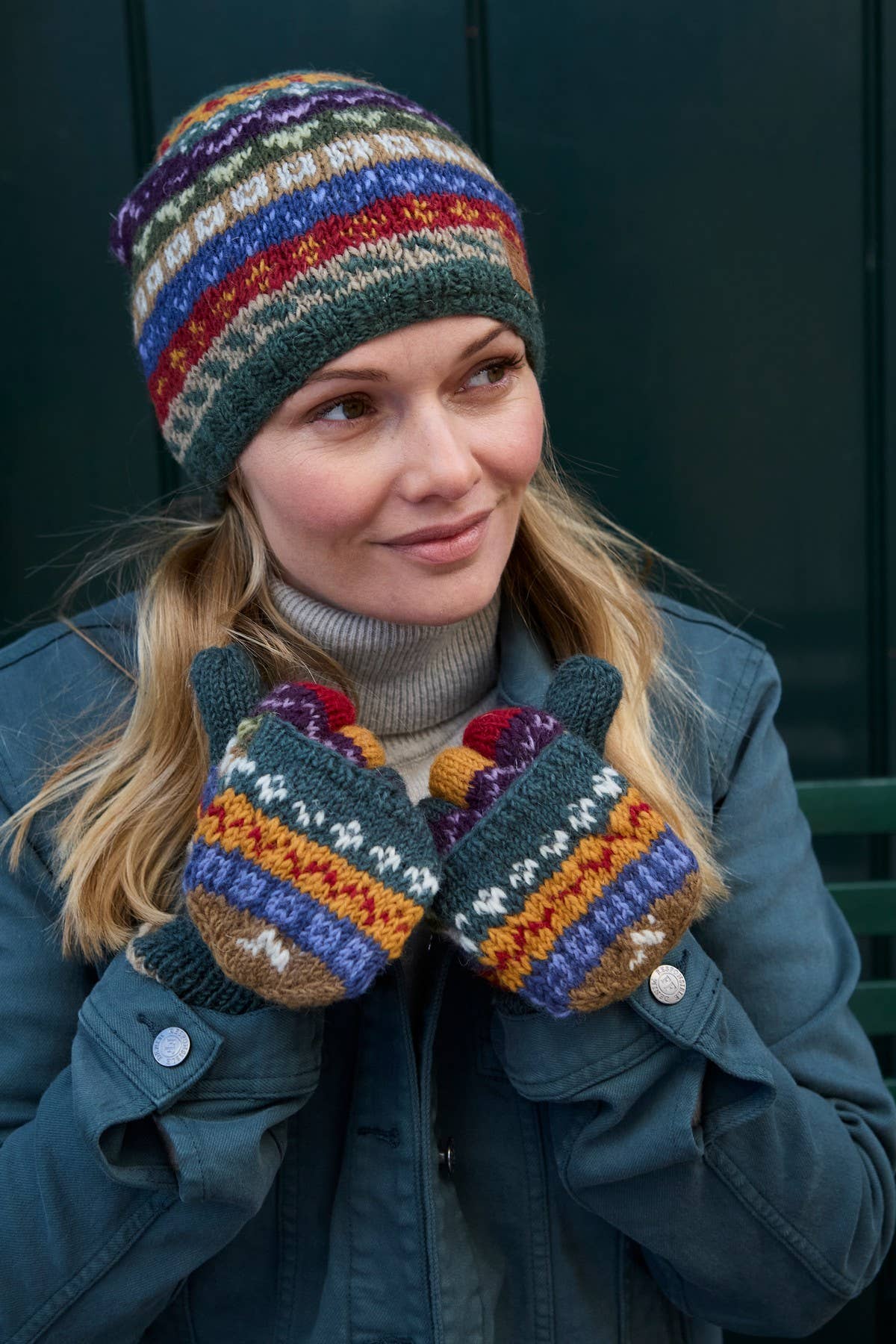 Elveden - Knitted Wool Earthy Green Fair Isle Beanie Hat: One Colour