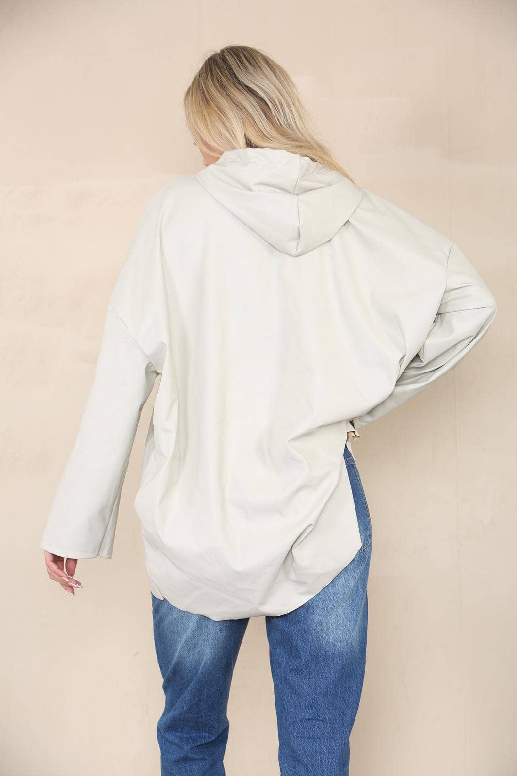 PU Leather Hooded Jacket: Cream / One Size To Fit UK 8-20