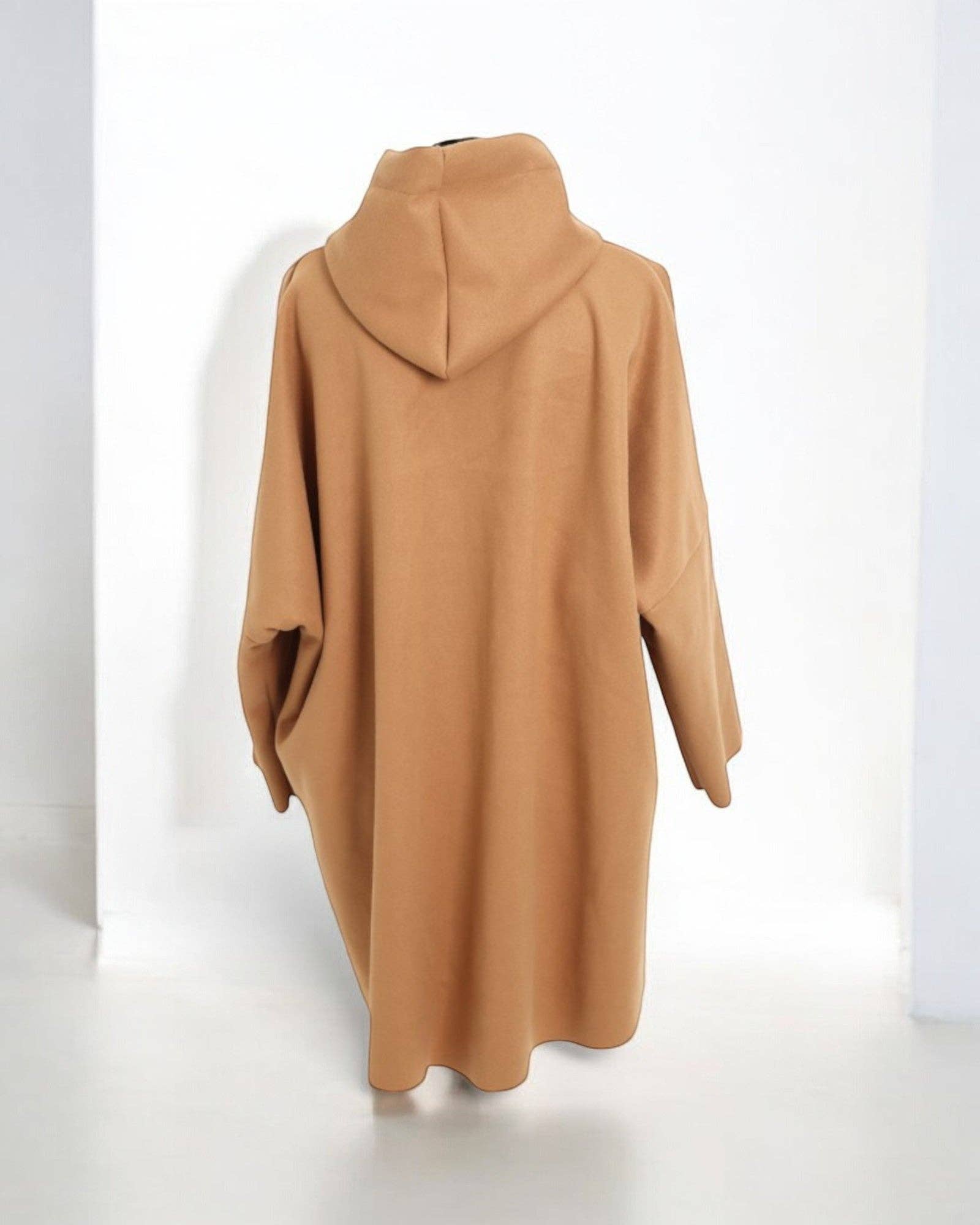 Italian Oversized Longsleeve Zip Up Drawstring Hooded Jacket: Beige / One Size To Fit UK 8-22